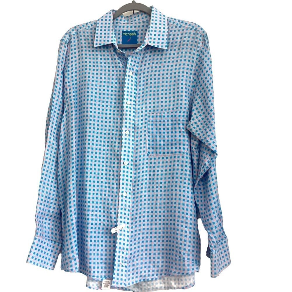 michael's Men's 100% Linen Shirt Made in USA size L pink blue check prints